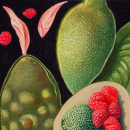 Image similar to an avocado and a raspberry watching the world on burn with fire, done in the style of old botanical illustrations, matisse, caravaggio, basquiat, japanese art, 4 k