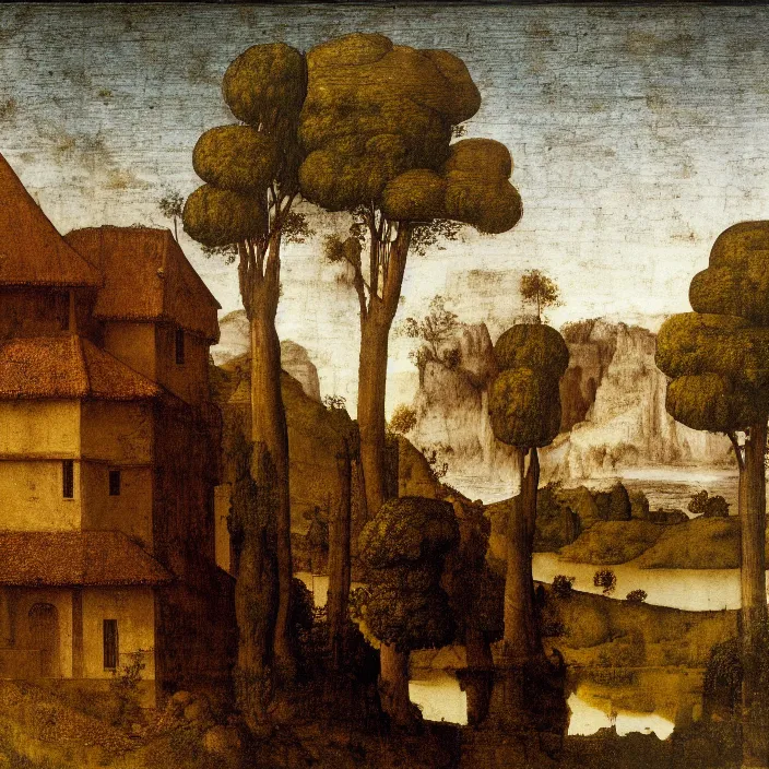 Image similar to a building in a serene landscape, by leonardo da vinci