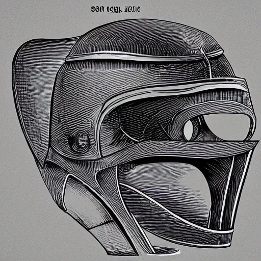 Image similar to a patent drawing of an intricate detailed vr headset from the future in the shape of a medieval knight helmet, extremely detailed alien technology vr!!! headset, with arrows and side angels