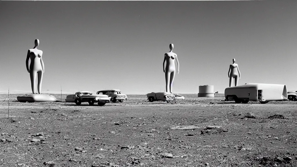 Prompt: a nuclear test site in america, late 50\'s suburban, mannequins, eerie, distopian