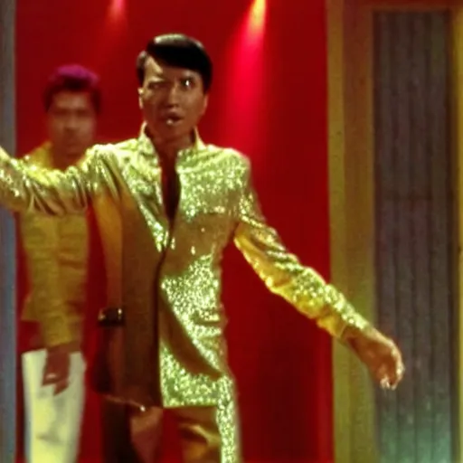 Prompt: A movie still of Pol Pot wearing a disco suit in Satuday Night Fever