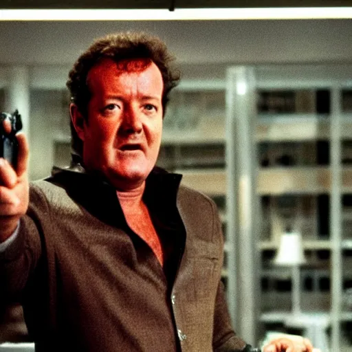 Image similar to Piers Morgan as a supervillain from the 1980s, movie still, epic quality. sharp focus, intense detail, dramatic, cinematic, 8k, serious,