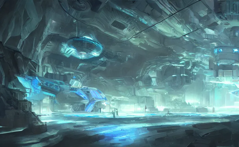 Image similar to futuristic factory in a dark cave, blue crystals, halo, star craft, concept art, mate painting, artstation