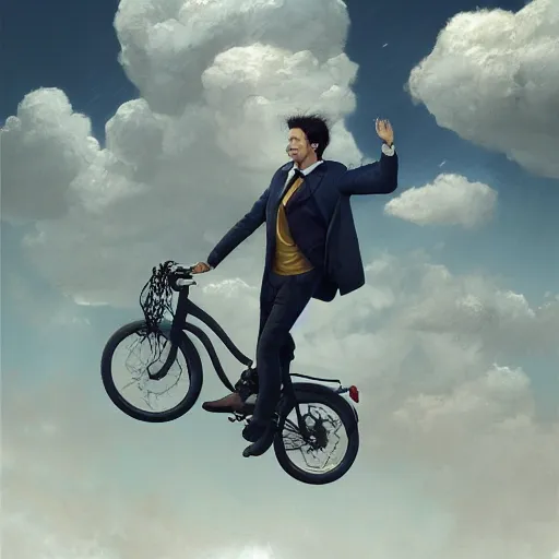 Prompt: A fancy portrait of a happy man flying in the sky on his bicycle in the clouds, perfect expression, Greg Rutkowski, Maciej Kuciara, 8k photorealistic, volumetric lighting, HD, high details, dramatic, warm atmosphere, trending on artstation