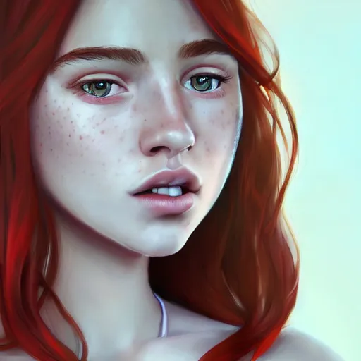 Image similar to portrait of a teen girl with freckles with long red hair and bright brown eyes, 8 k, highly detailed, digital painting, artstation, sharp focus, illustration