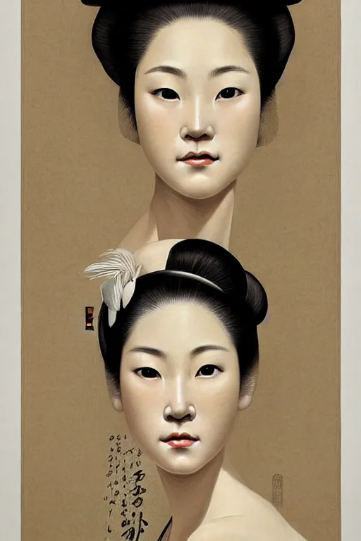 Prompt: a beautiful detailed portrait illustration of japanese geisha girl by jonathan yeo and phoebe dickinson, realistic facial proportions, defined features, acurate facial details