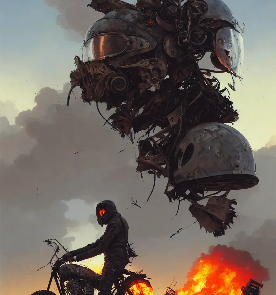 Image similar to a ultradetailed beautiful panting of post apocalyptic biker with helmet in front of crashed airplane burning, by ilya kuvshinov, greg rutkowski and makoto shinkai, trending on artstation