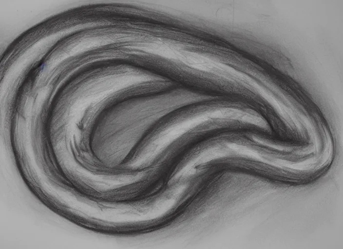 Prompt: detailed charcoal sketch of an eel, some edges lost, subtle, beautiful epic sketch, light and medium values, clean elegant and refined sketch, equal focus of attention throughout