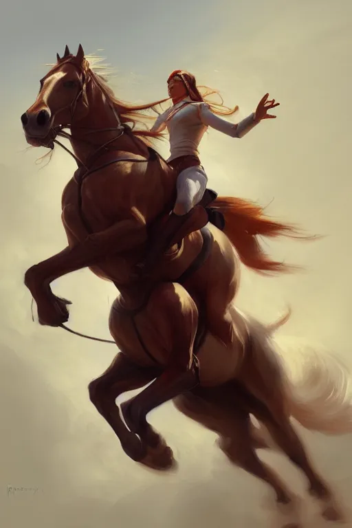 Prompt: a painting of a person riding a horse, a digital painting by mandy jurgens, trending on artstation, action painting, speedpainting, detailed painting, 2 d game art