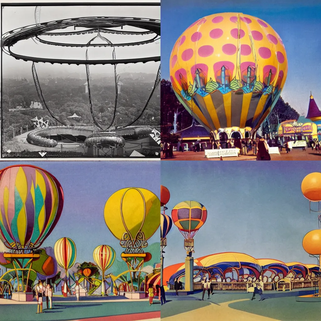 Prompt: amusement park in 1925 art nouveau architecture ballons