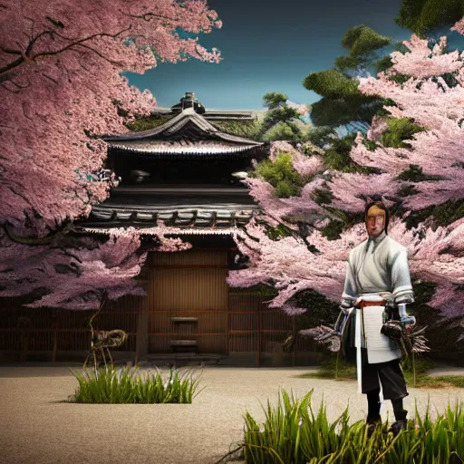 Image similar to hyperrealistic painting of a highly detailed photorealistical samurai, standing in front of traditional Japanese hut, cherry blossom trees outside, Feng Shui Style, cinematic concept art, art station, award winning art, 8k, octane render, unreal engine 5