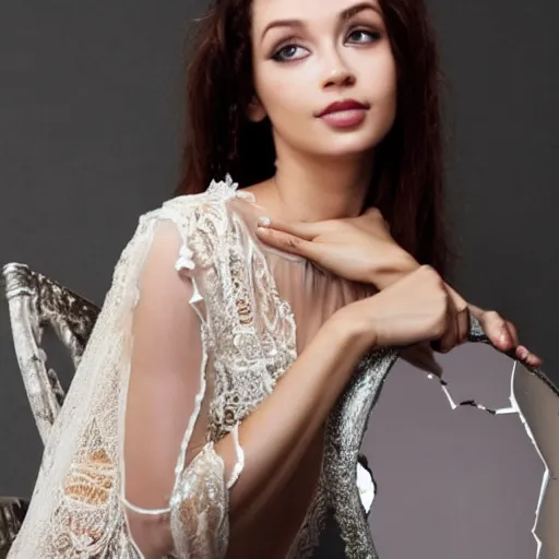 Image similar to a beautiful actress sitting in front of a cracked mirror, beautiful face, elegant furniture