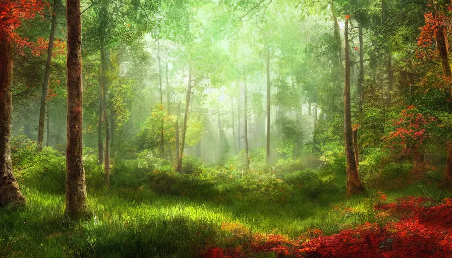 Prompt: a clearing in a forest, digital art, highly detailed, realistic, bright colors, 8 k