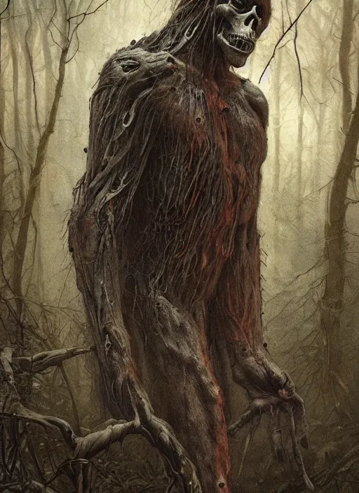 Image similar to bigfoot death tarot card, highly detailed, half skull face, cinematic, 8 k, by stanley artgermm, tom bagshaw, greg rutkowski, carne griffiths, ayami kojima, beksinski, giger, trending on deviantart, hyper detailed, horror, full of colour