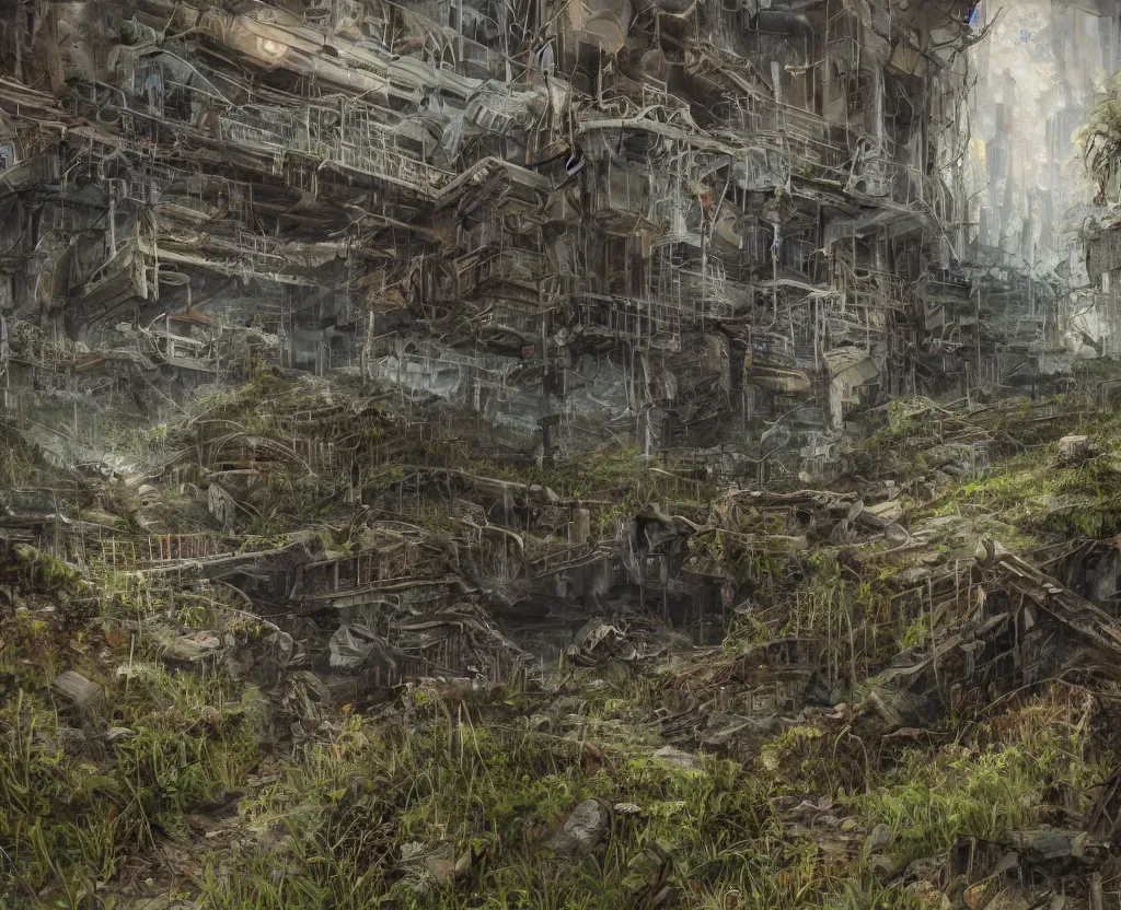 Image similar to a Dystopian post-apocalyptic painting of the abandoned tunnels of an overgrown arcology