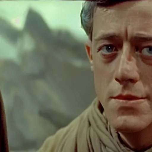 Prompt: film still of young alec guiness as a jedi in new star wars movie, lighting, highley detailled, kodak film