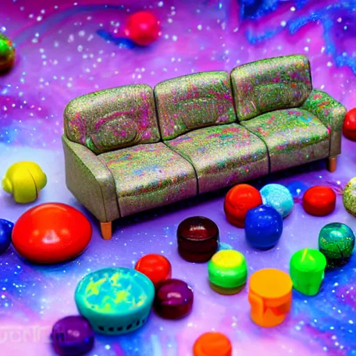 Image similar to fisher price couch, perfect focus, psychedelic trippy couch in space, planets, milky way, sofa scene from tv show hyper detailed 5 5 mm 8 5 mm, toy photography, made out of plastic