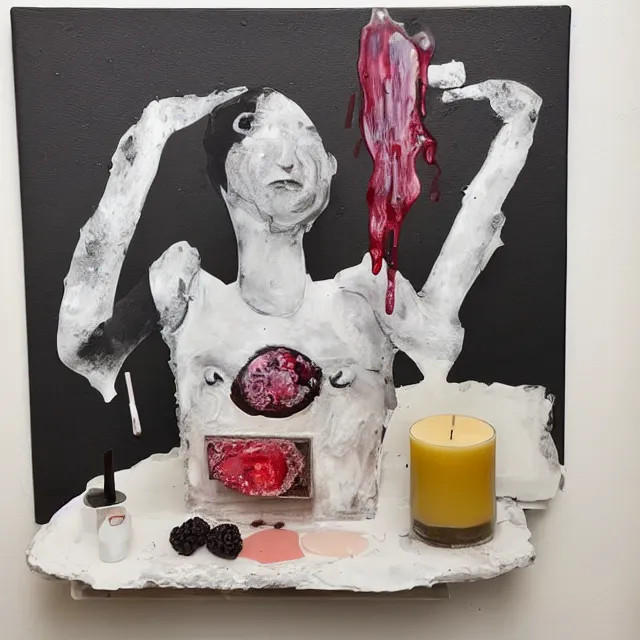 Image similar to “ a portrait in a female art student ’ s apartment, sensual, a pig theme, pork, half - finished sculpture, sculpture work in progress, a candle dripping white wax, clay, squashed berries, berry juice drips, acrylic and spray paint and oilstick on canvas, surrealism, neoexpressionism ”