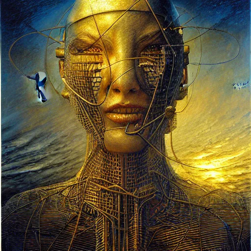 Image similar to master of harpoons, atmospheric lighting, painted, intricate, golden and blue hour, ultra detailed by peter gric, giger, enki bilal