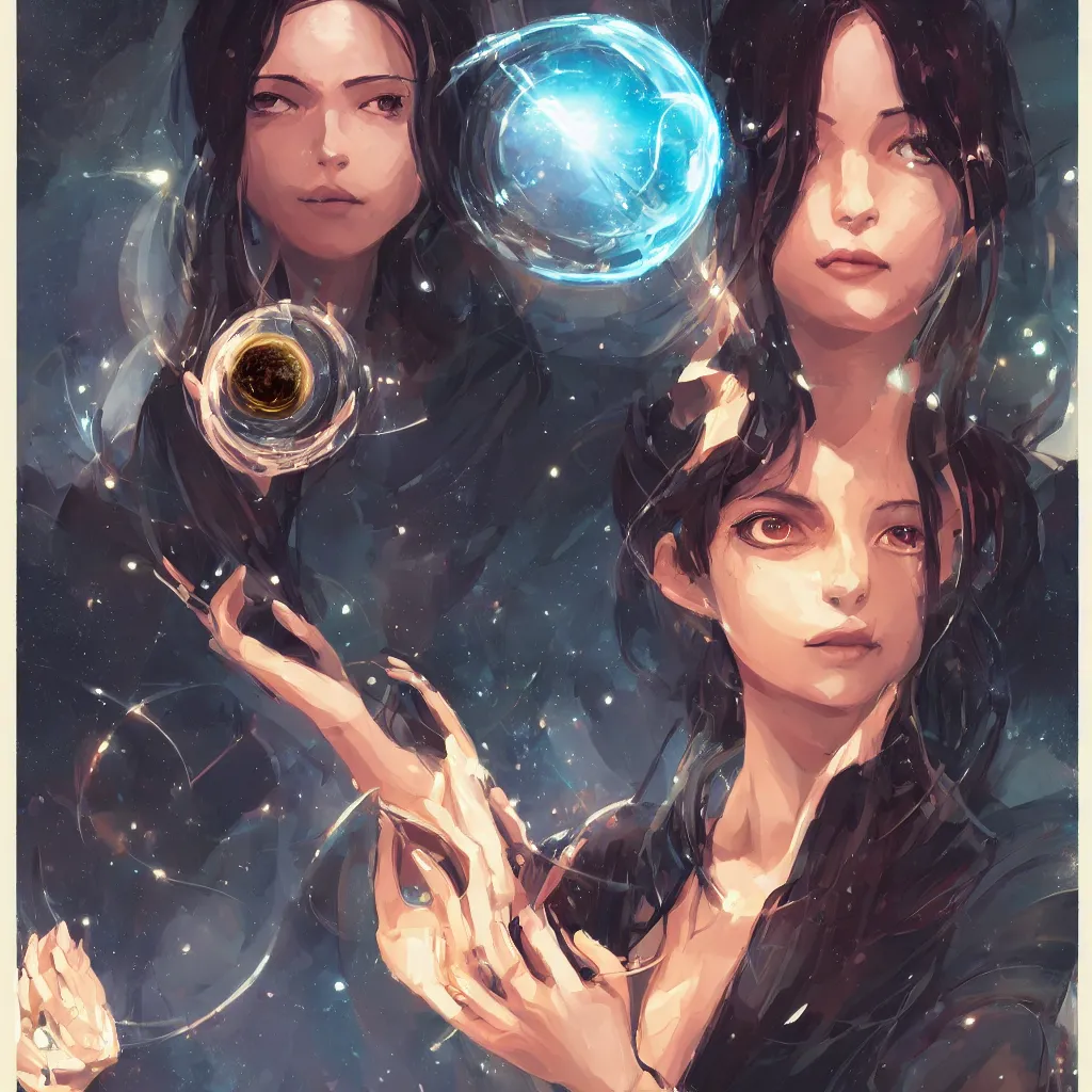 Prompt: a portrait of a beautiful female scientist holding a small black hole in her hands, anime art, symmetrical facial features, symmetrical proportions, illustration, style by jordan grimmer and greg rutkowski