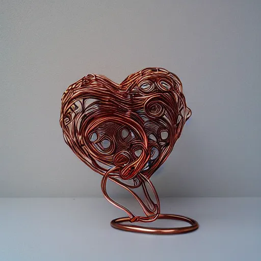 Image similar to a very beautiful tiny ( ( ( ( human heart ) ) ) )!!!!!!!!!!!!!!!!!!!!!!!!! organic sculpture made of copper wire and threaded pipes, very intricate, curved. studio lighting, high resolution, high quality, black background