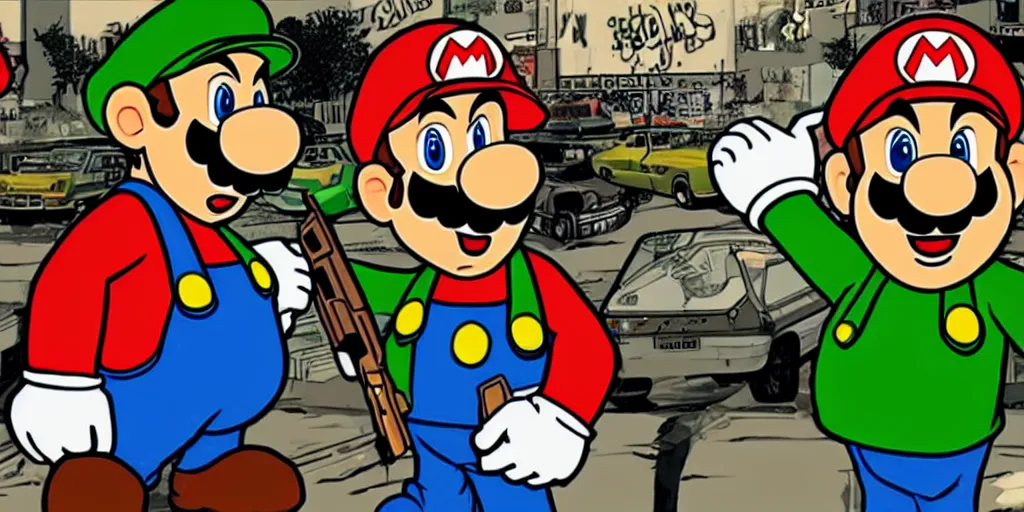 Prompt: Super Mario and luigi as baddass 90s gangsters holding guns in GTA V, Cover Art by Stephen Bliss, Boxart, Loading Screen. 8k Resolution