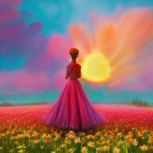 Prompt: giant daisy flower on head, full body girl standing in a flower field, surreal photography, sunrise, dramatic light, impressionist painting, colorful clouds, digital painting, artstation, simon stalenhag