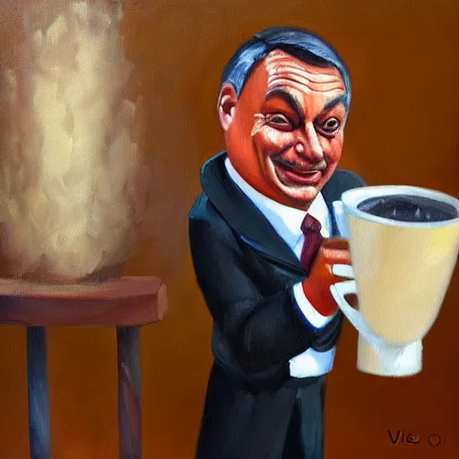 Image similar to viktor orban making drip coffee, oil painting