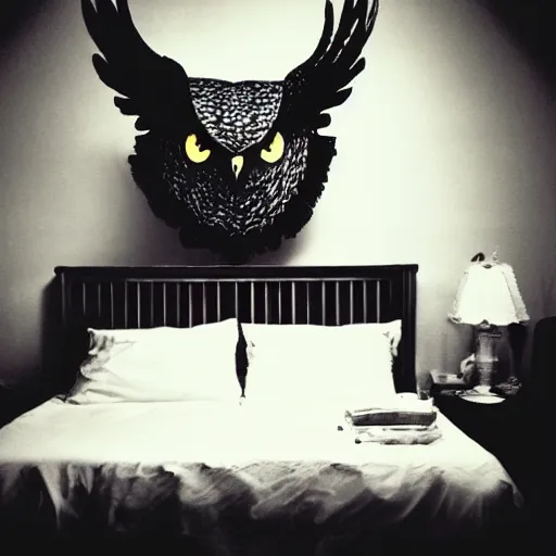 Prompt: paranormal polaroid of a singular demonic and very big owl perched on the bed headboard, low key lighting, creepy atmosphere