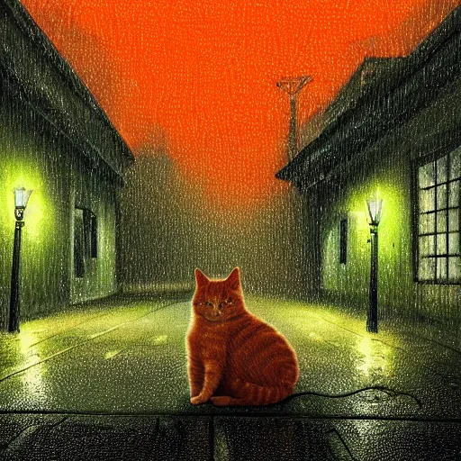 Image similar to a cute orange tabby cat with green eyes on an old street, it is night and raining, street lamps are illuminating the street, moody lighting, peaceful atmosphere, digital art, highly detailed, high contrast, beautiful lighting, award winning, trending on art station, 8 k,