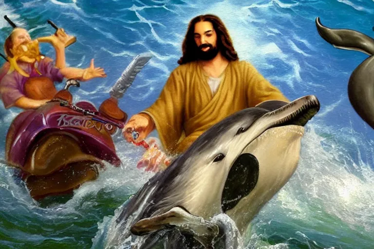 Prompt: thomas kinkade painting of jesus christ riding a dolphin with an uzi at chuck e cheese