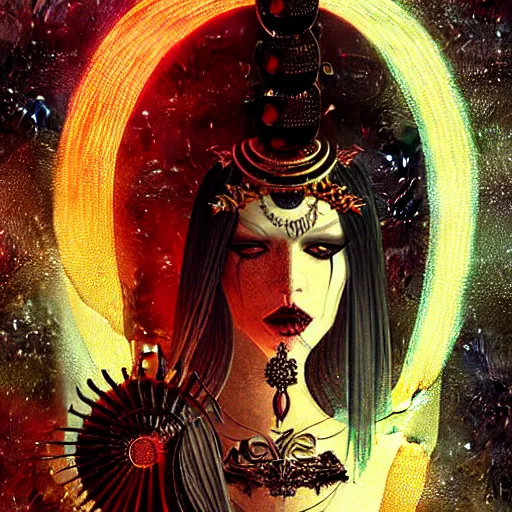 Prompt: queen of death. intricate portrait, occult cyberpunk, ancient futuristic, dark art, occult. by Petros Afshar