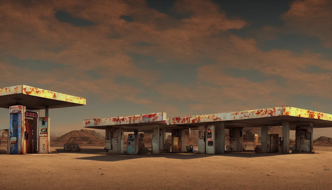 Image similar to abandoned gas station in middle of desert, ambient, futuristic, glowing, very detailed, colourfull, 4 k
