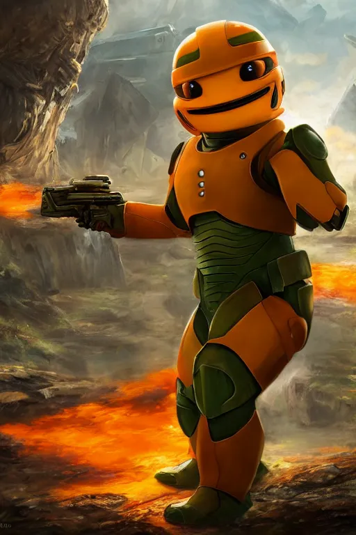 Image similar to charmander playing as master chief, oil on canvas, intricate, 8 k highly professionally detailed, hdr, cgsociety