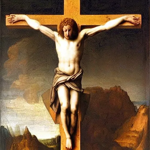 Image similar to Mark zuckerberg on the cross, painting by Leonardo da Vinci