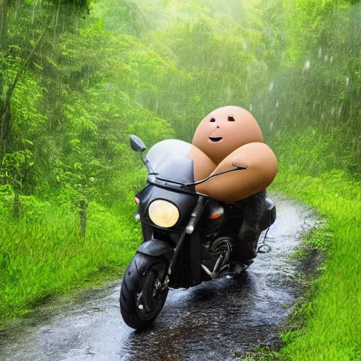 Prompt: a giant potato riding a motorcycle through the jungle, low angle with rain and lightning