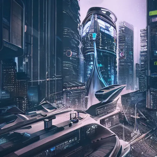 Image similar to a view on a futuristic cyberpunk paris