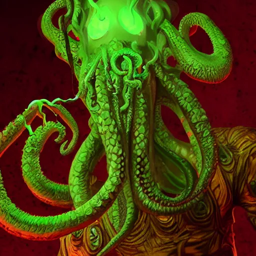 Prompt: Cthulu having a smoke after a long day of being worshipped, Lovecraftian, detailed, Weta Softworks, neon green highlights, 8k render