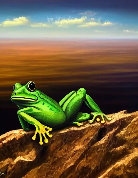 Image similar to a frog looking the end of world, oil on canvas, artstation, dramatic scenery, masterpiece, aesthetic