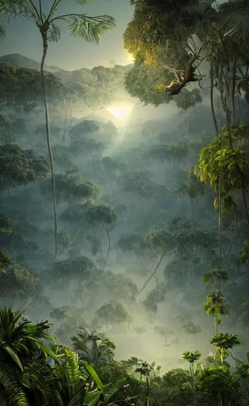 Image similar to surreal dali jungle landscape, volumetric lighting, early morning, 3d liminal grainy surreal aesthetic illustration, highly detailed, soft render