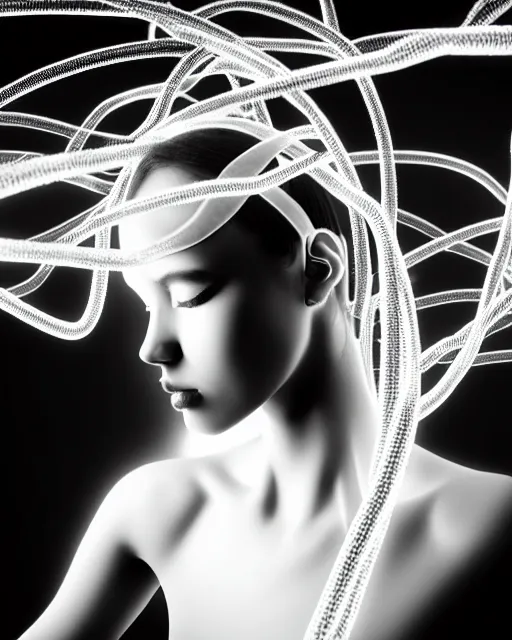 Image similar to black and white dreamy spiritual connected young female cyborg - plant goddess high quality photo, microchip, artificial intelligence, bio - mechanical bio - luminescence, black wired cables, neurons, nerve cells, cinematic, rim light, photo - realistic, elegant, high detail, 8 k, masterpiece, high fashion