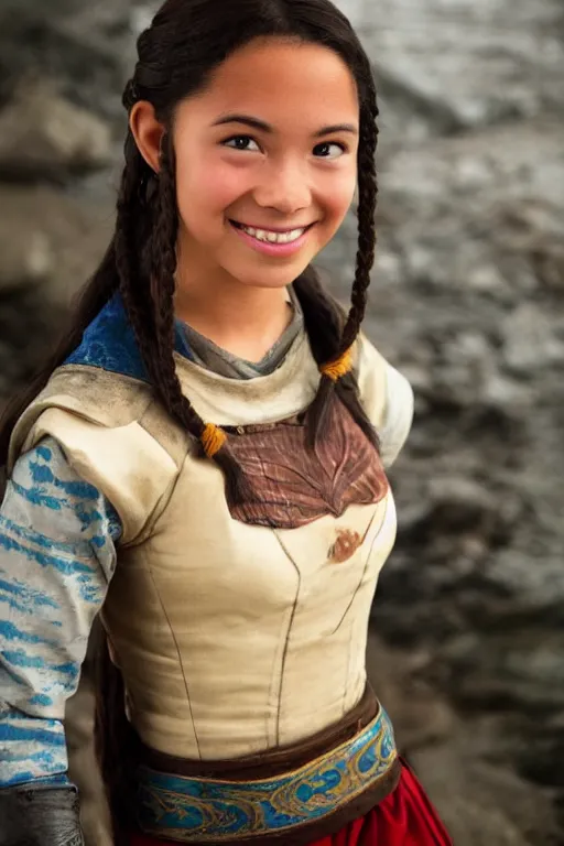 Image similar to full-length photo of real life Katara from Avatar, smiling, looking at camera