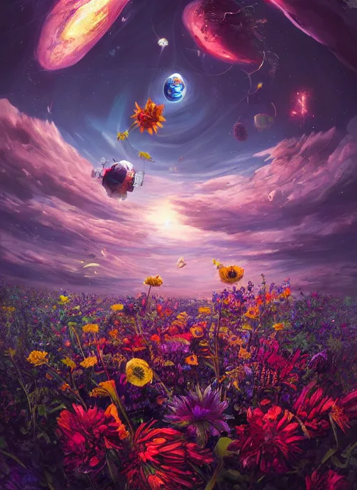 Image similar to An epic fantastic realism comic book style painting of the most beautiful flowers launched into space, bouquets, fisheye lens, unreal 5, DAZ, hyperrealistic, stars in the night sky, octane render, dynamic lighting