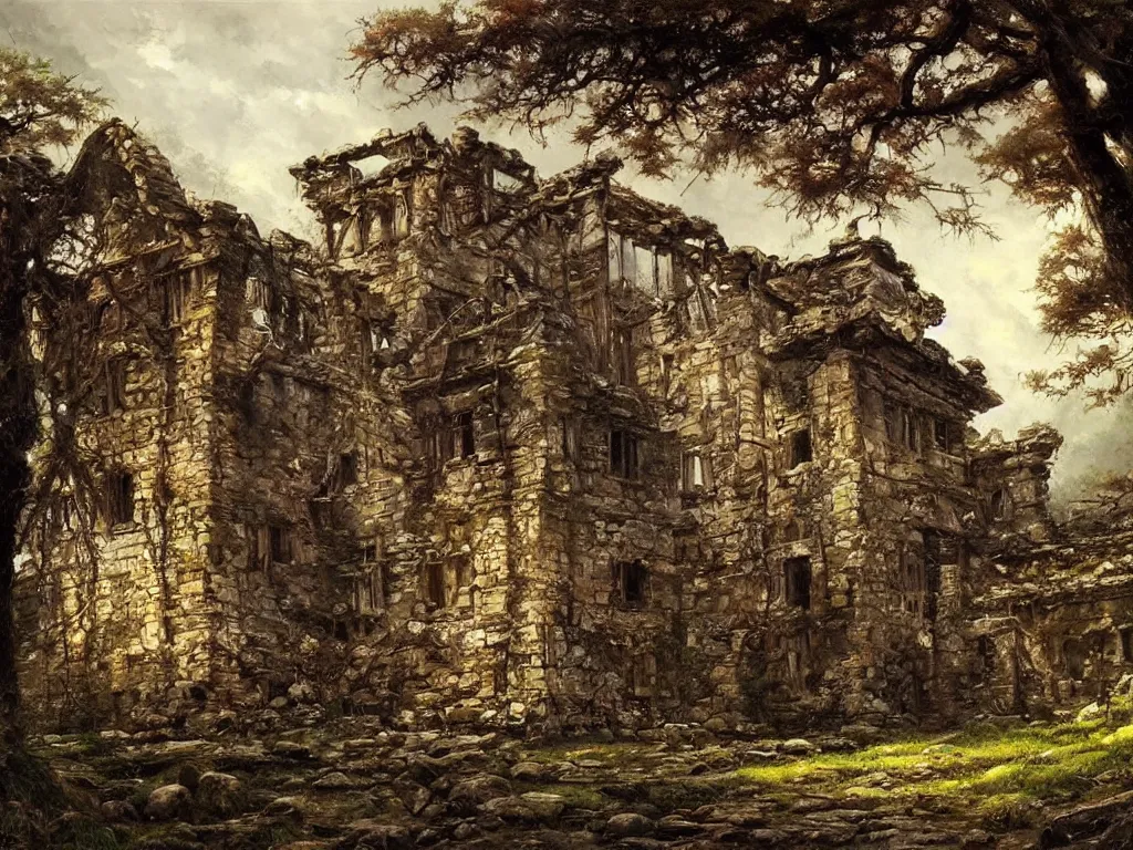 Prompt: A beautiful painting of a dilapidated ancient castle building in the wood, by Noriyoshi Ohrai, Trending on artstation, very detailed