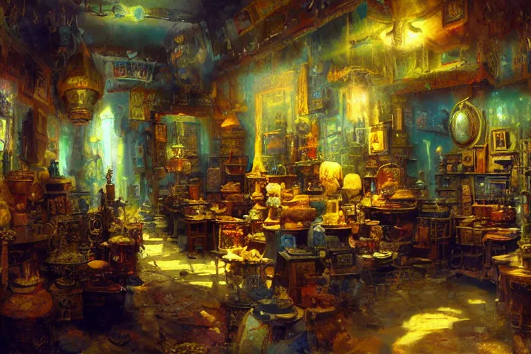 Prompt: the interior of a mystical antique shop with strange artifacts, painted by craig mullins and paul lehr, beautiful light,