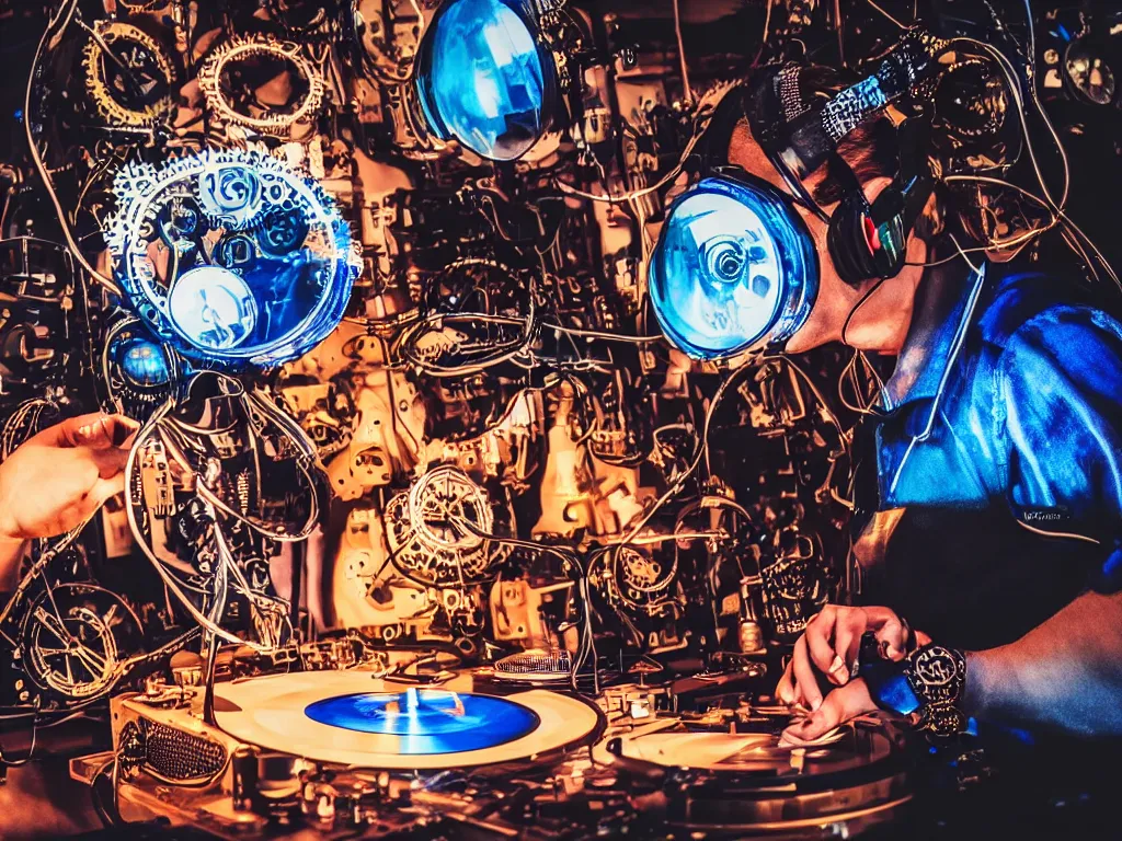 Image similar to a person wearing goggles and visor and headphones using a steampunk record player contraption, wires and tubes, turntablism dj scratching, intricate planetary gears, cinematic, imax, sharp focus, leds, bokeh, iridescent, black light, fog machine, hazy, lasers, hyper color digital art