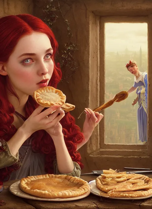 Prompt: highly detailed closeup portrait of a fairytale medieval princess eating meat pies, stephen bliss, unreal engine, greg rutkowski, ilya kuvshinov, ross draws, tom bagshaw, tom whalen, alphonse mucha, nicoletta ceccoli, mark ryden, earl norem, global illumination, god rays, detailed and intricate environment