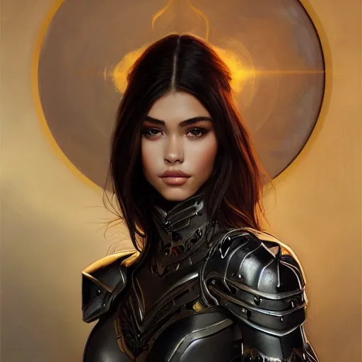 Prompt: portrait of madison beer wearing a skintight knight armor, intricate, elegant, highly detailed, digital painting, artstation, concept art, smooth, sharp focus, illustration, art by artgerm and greg rutkowski and alphonse mucha, 8 k