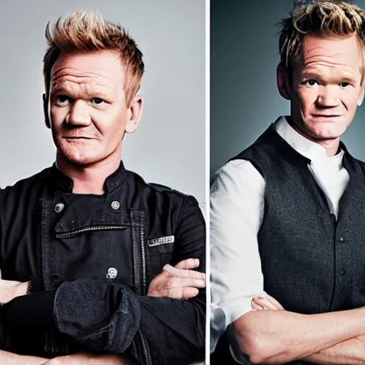 Prompt: photoshoot of gordon ramsay and neil patrick harris as father and son, vogue magazine, hyper realistic, dramatic light, photo studio,
