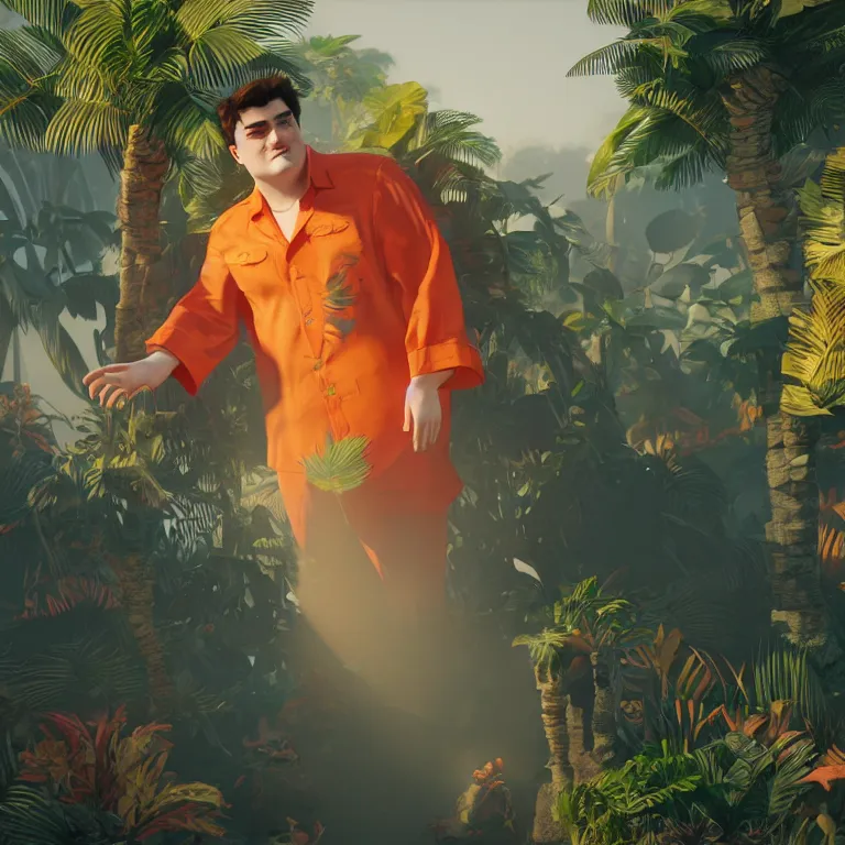 Image similar to a cinematic shot of palmer luckey, aloha shirt, colorful, octane render, volumetric lighting, nvidia raytracing demo, by Andy Thomas, Mario Martinez, Daniel Mirante, Gustave Dore, Artstation, CGsociety, masterpiece